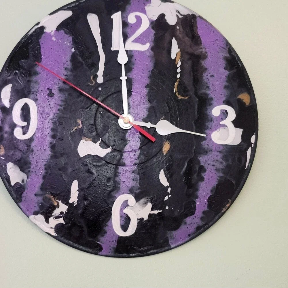 Hand Crafted Abstract Hanging Wall Clock Analog Vinyl Record Fluid Art Decor